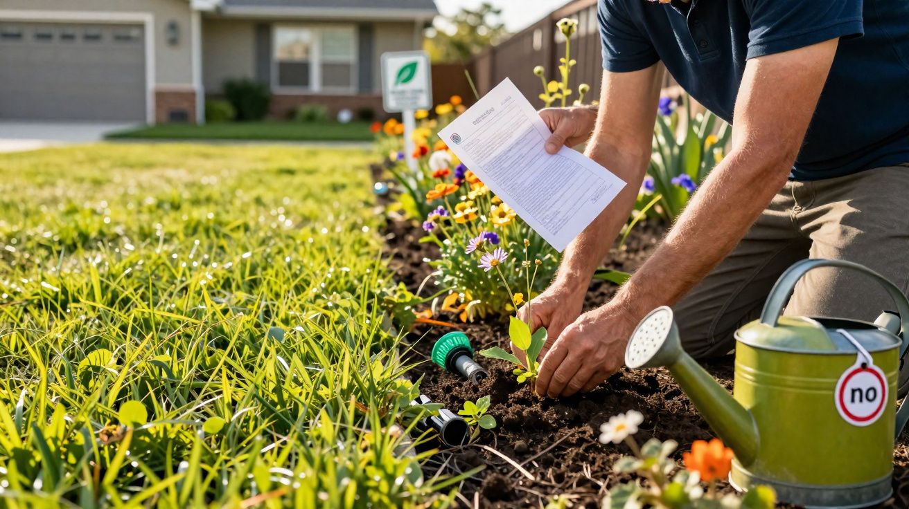 Homme plantant une jeune fleur dans un jardin devant une maison, avec un arrosoir posé à côté.
