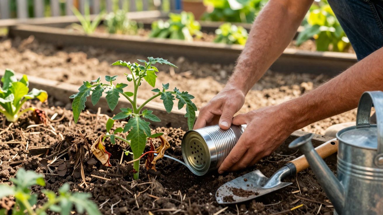 Mains arrosant une jeune plante de tomate avec une boîte percée dans un jardin potager.