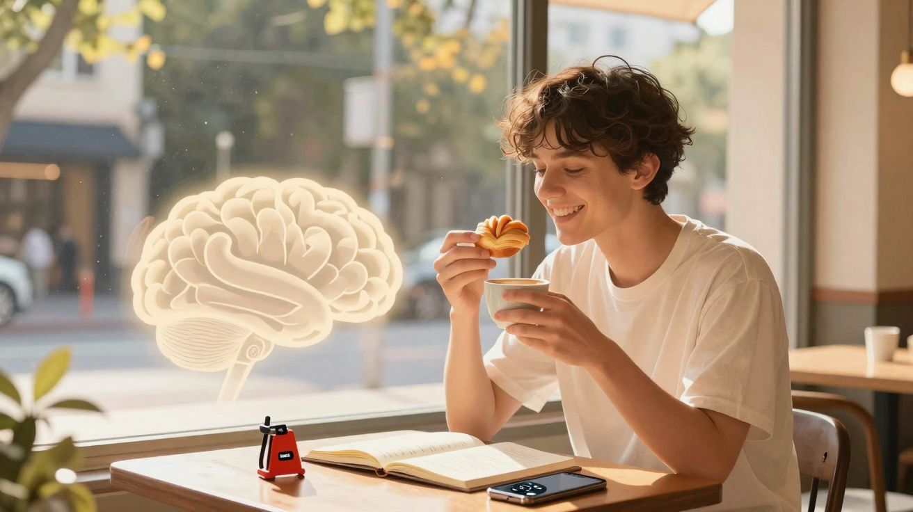 Jeune homme souriant mangeant un croissant et buvant un café près d'une fenêtre avec une illustration de cerveau.
