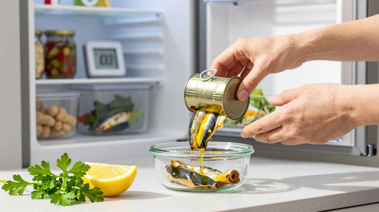 Main versant des sardines en conserve dans un bol en verre sur un plan de travail avec citron et persil à côté.