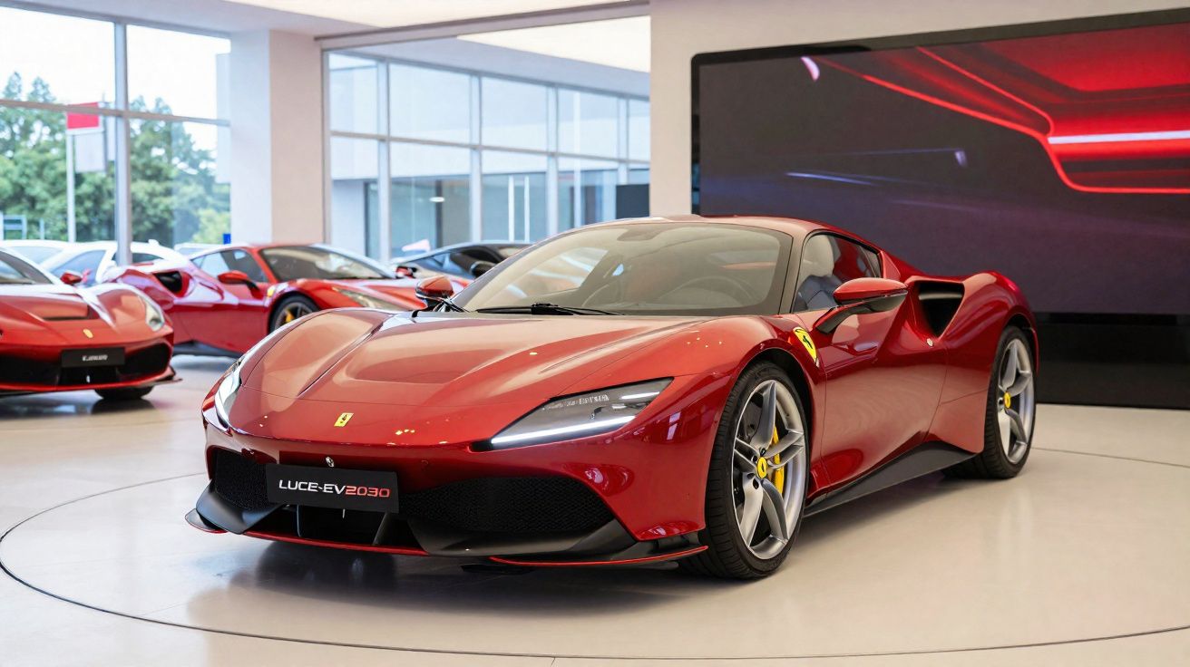 Une voiture de sport rouge Ferrari exposée dans un showroom moderne avec plusieurs autres voitures en arrière-plan.