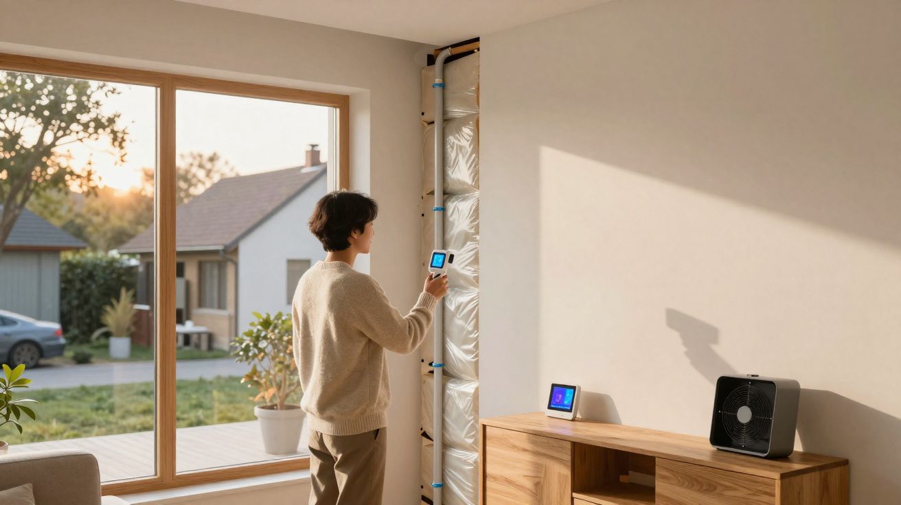 Personne réglant un thermostat numérique près d’une fenêtre dans un salon lumineux avec vue sur le jardin.