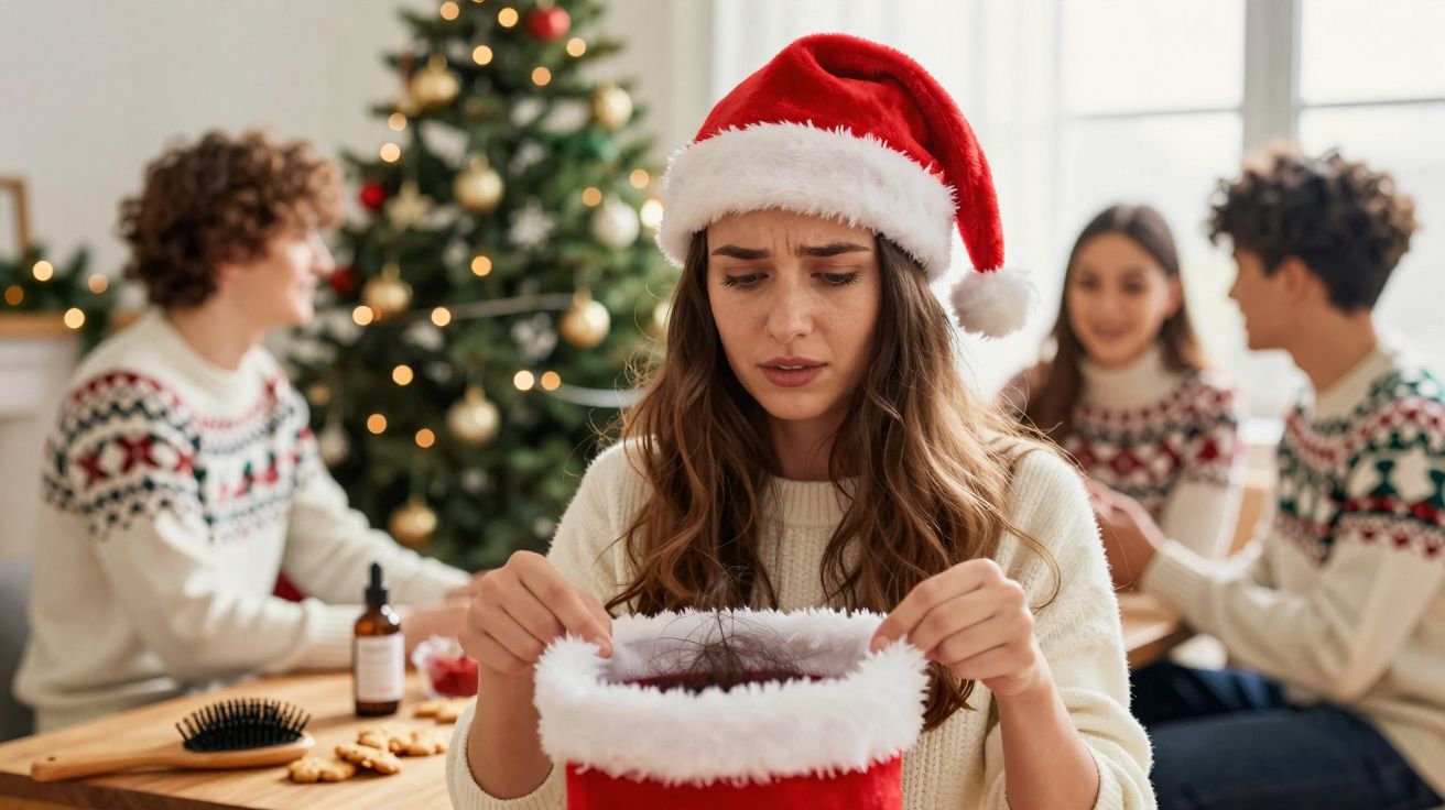 Jeune femme en bonnet de Noël regardant tristement un cadeau devant un sapin décoré, d'autres personnes discutent derrière.