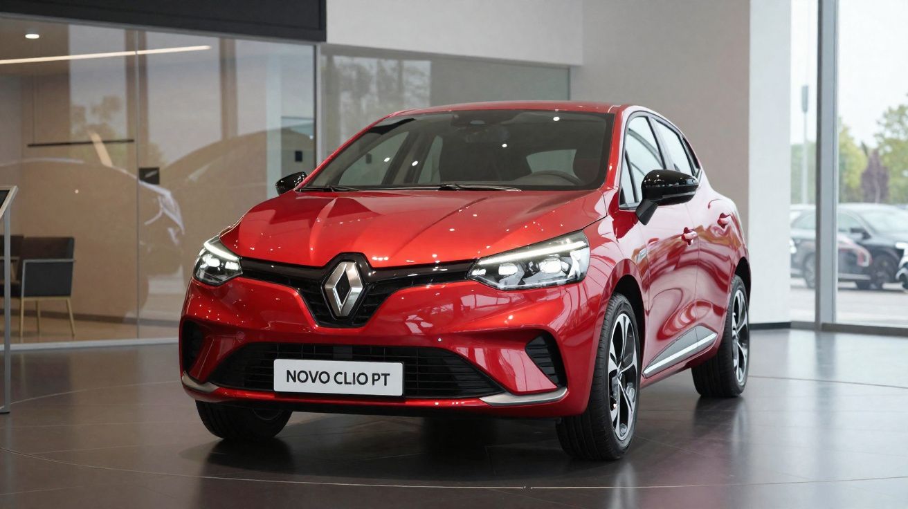 Voiture Renault Clio rouge neuve exposée dans un showroom moderne avec grandes baies vitrées.