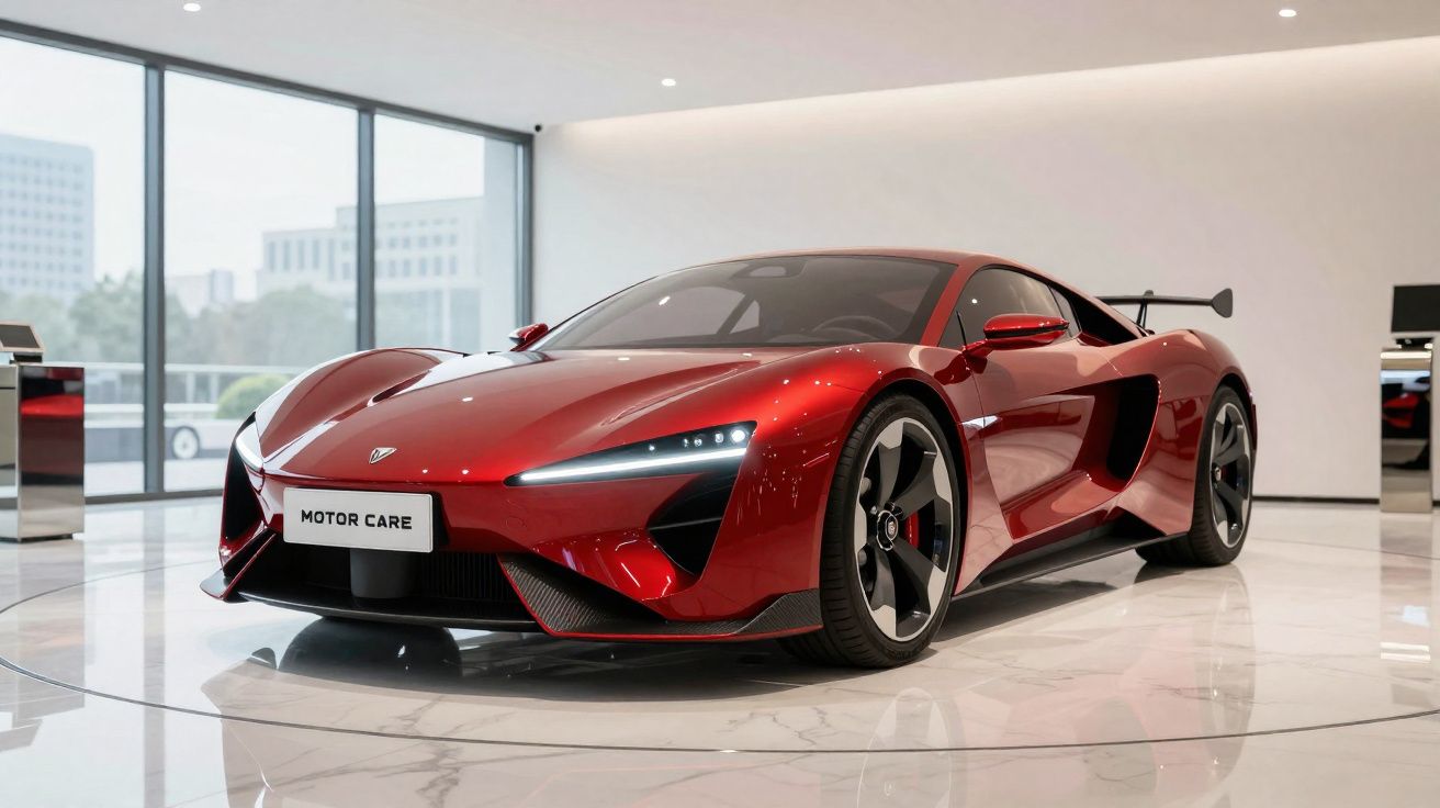 Voiture de sport rouge brillante avec phares allumés exposée dans un showroom moderne et lumineux.