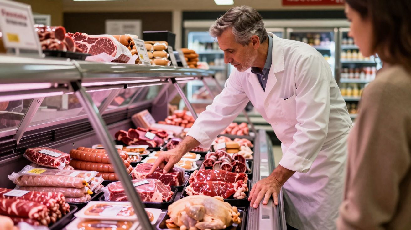 Boucher en blouse blanche choisissant de la viande dans un comptoir réfrigéré devant une cliente.