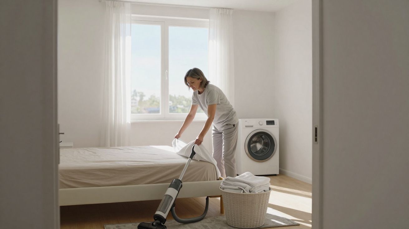 Femme prépare le lit dans une chambre lumineuse avec aspirateur et panier à linge près d'une machine à laver.