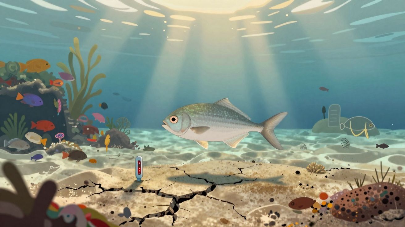 Scène sous-marine avec un poisson argenté nageant au-dessus d’un fond sableux fissuré et coraux épars.