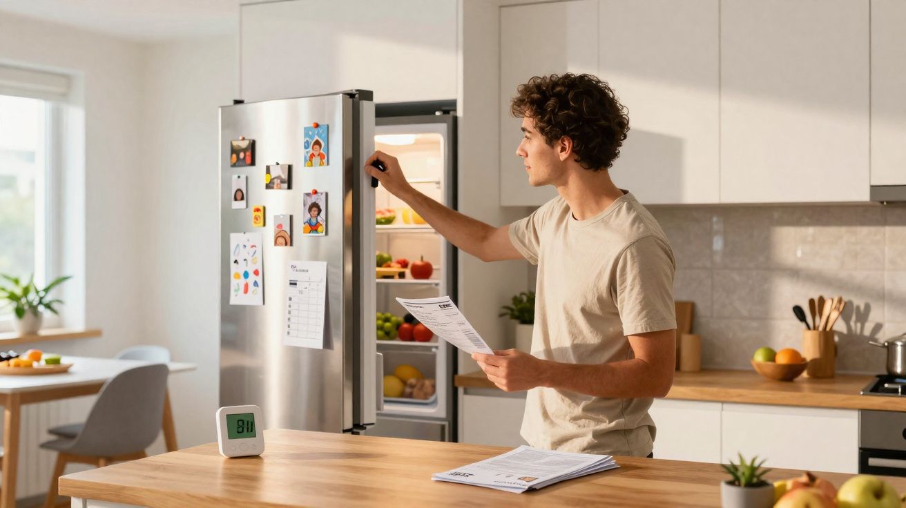 Jeune homme consulte un document en ouvrant un réfrigérateur moderne dans une cuisine lumineuse.