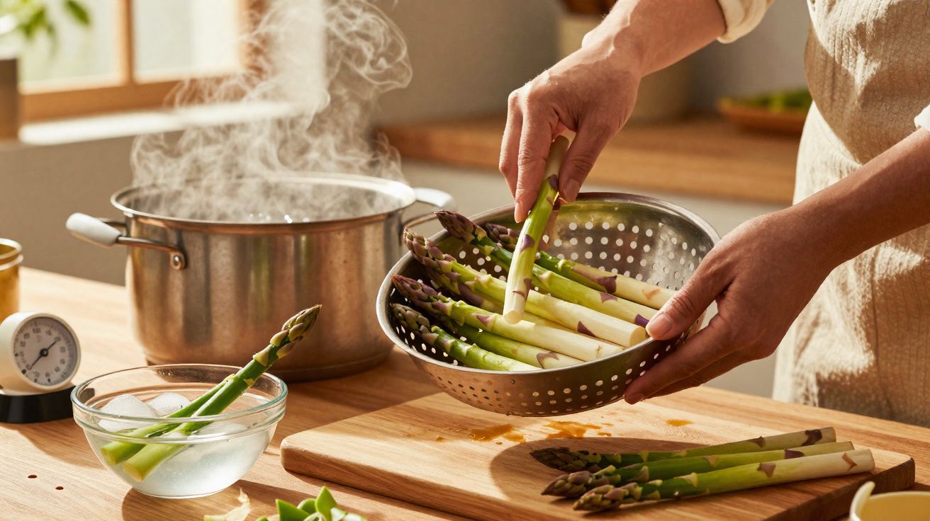 Personne blanchissant des asperges vertes et blanches dans une passoire au-dessus d'une casserole fumante.
