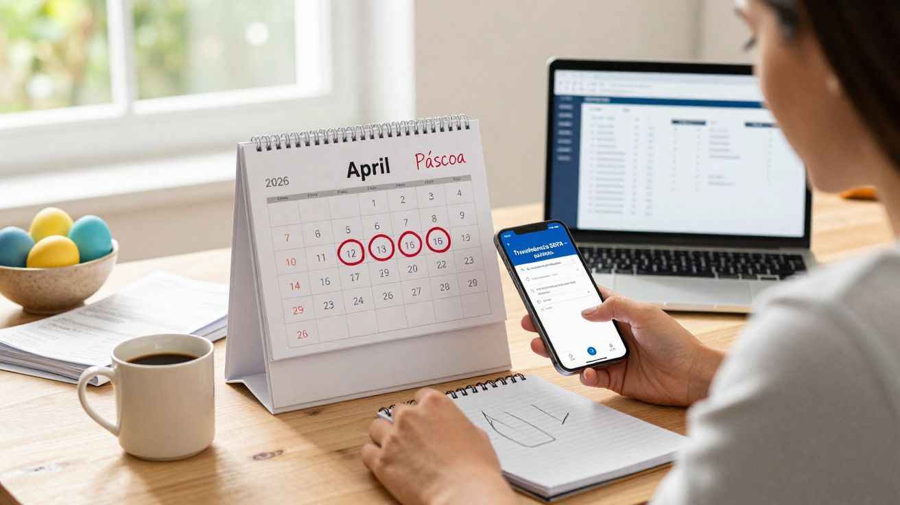 Personne travaillant à un bureau avec un calendrier d’avril 2026 marqué du 12 au 16 et un smartphone en main.