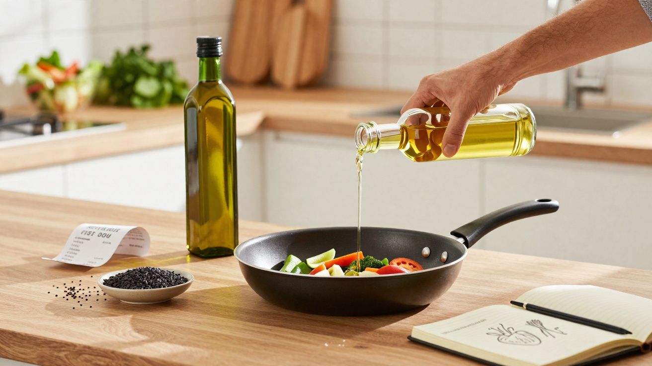 Main versant de l'huile d'olive dans une poêle avec légumes frais sur un plan de travail en cuisine moderne.