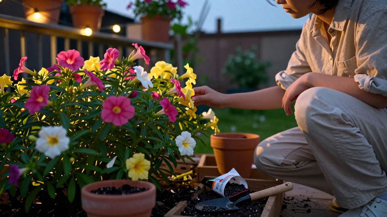 Personne en tenue beige jardinant des fleurs colorées dans un potager au crépuscule.