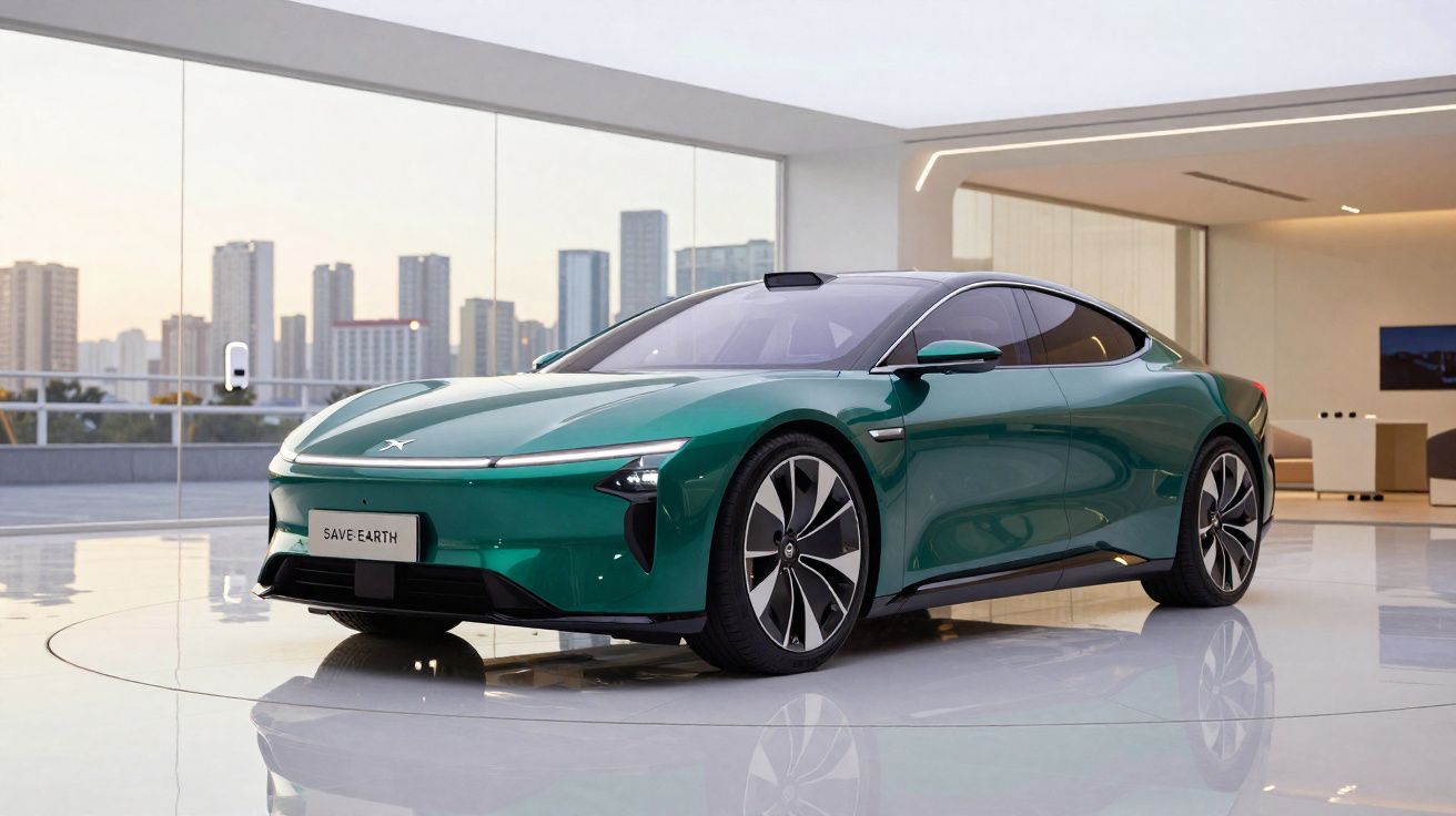 Voiture électrique sportive verte exposée dans un showroom moderne avec vue sur la ville en arrière-plan.