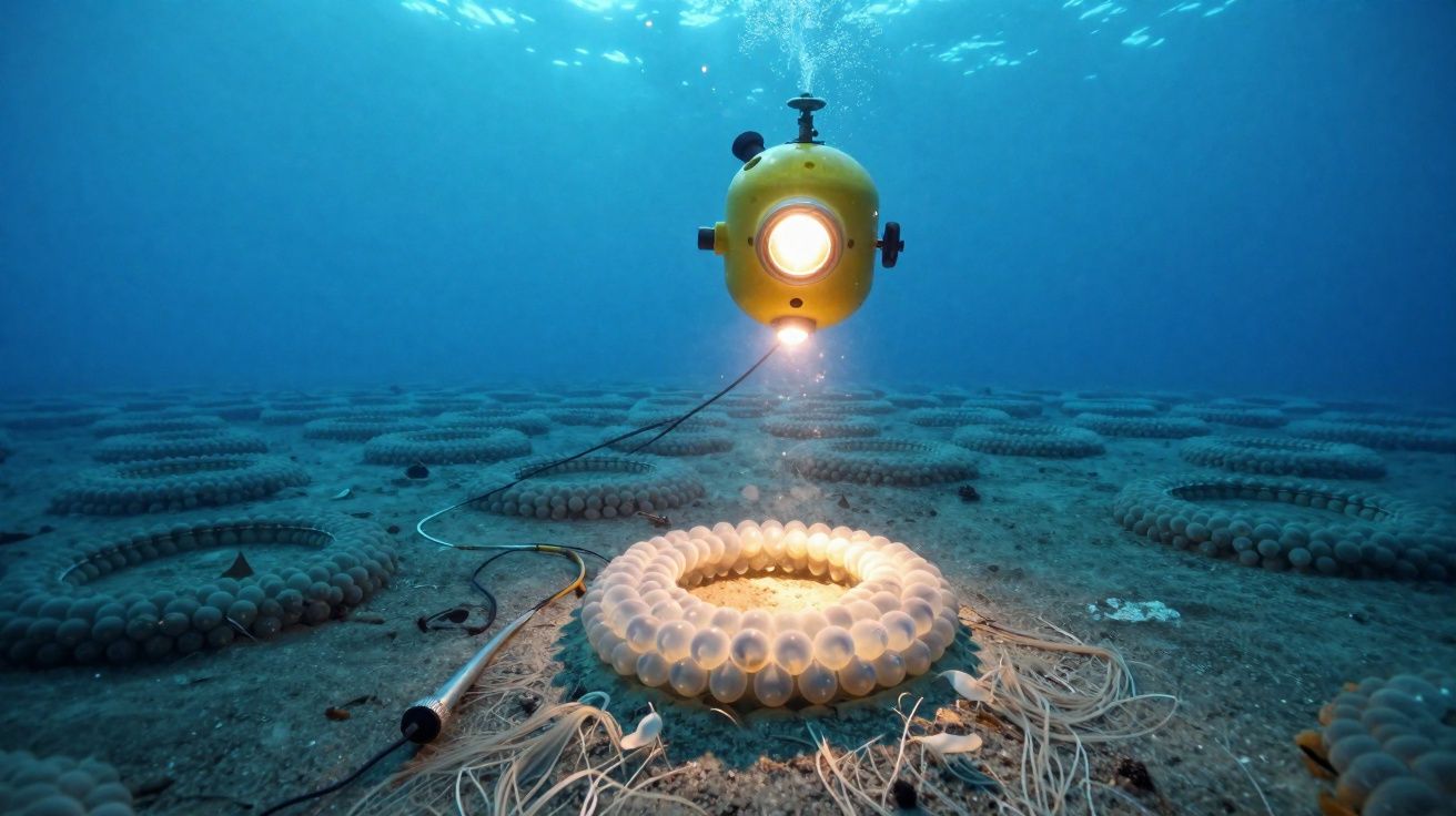 Sous-marin jaune avec lumière explorant des structures circulaires sous-marines sur le fond océanique.