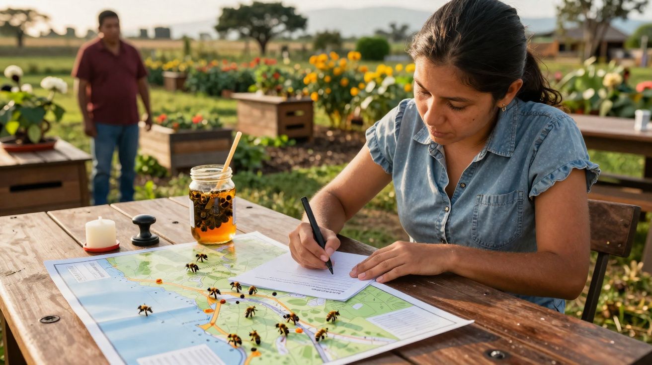 Femme assise à une table en bois écrit sur papier avec une carte et un pot de miel devant elle en extérieur.