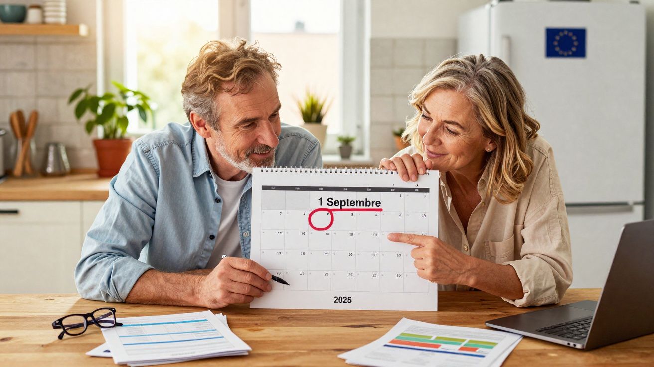 Couple âgé souriant montrant un calendrier avec le 1er septembre 2026 encadré en rouge dans une cuisine.