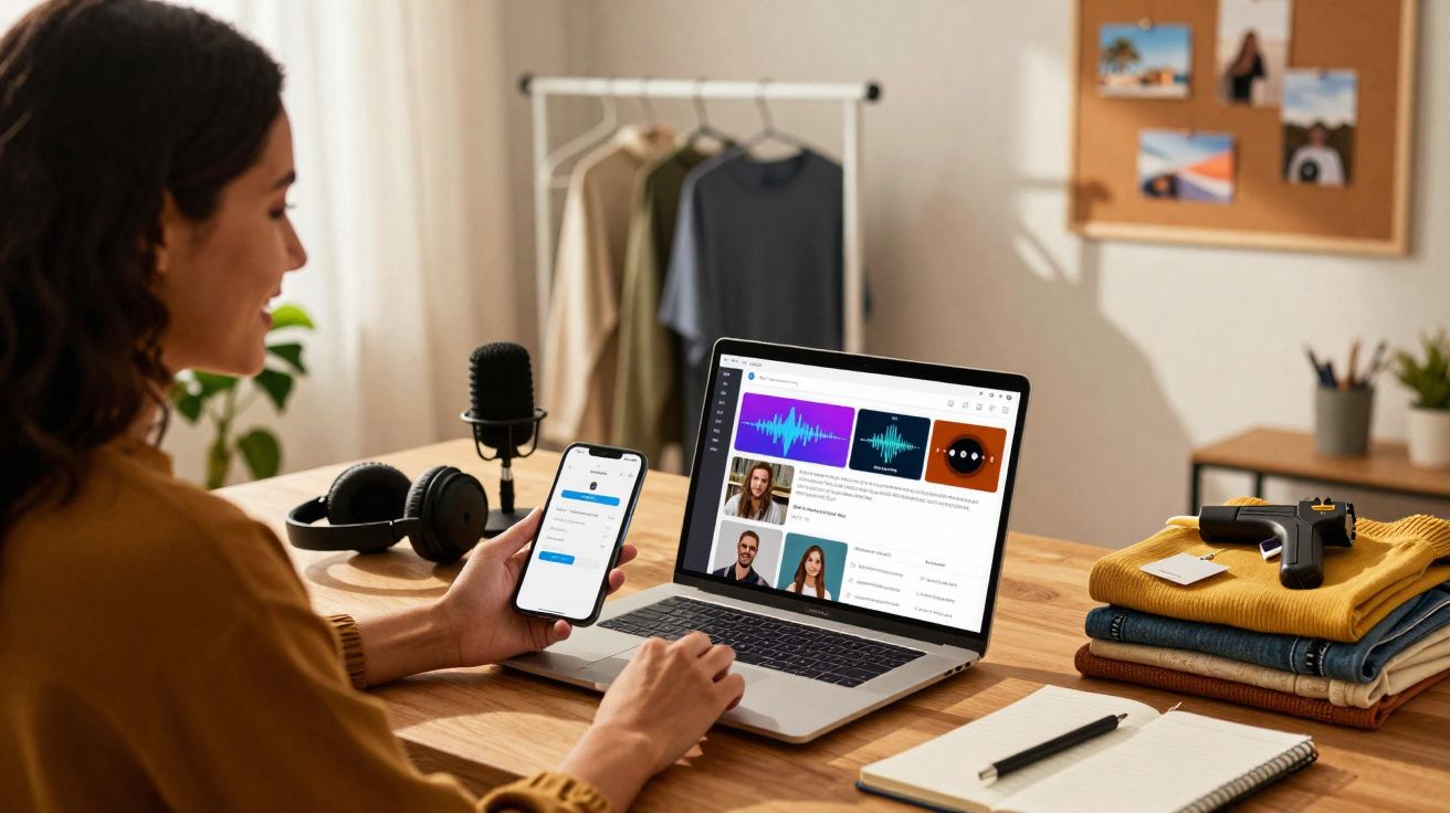 Femme utilisant un smartphone et un ordinateur portable pour une visioconférence dans un bureau à domicile organisé.