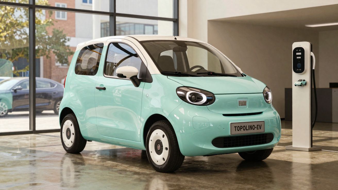 Petite voiture électrique Fiat Topolino-ev bleu clair stationnée près d'une borne de recharge intérieure.