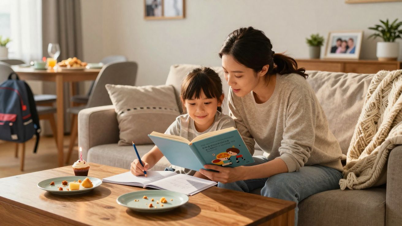 Une mère et sa fille lisent un livre ensemble sur un canapé dans un salon lumineux.