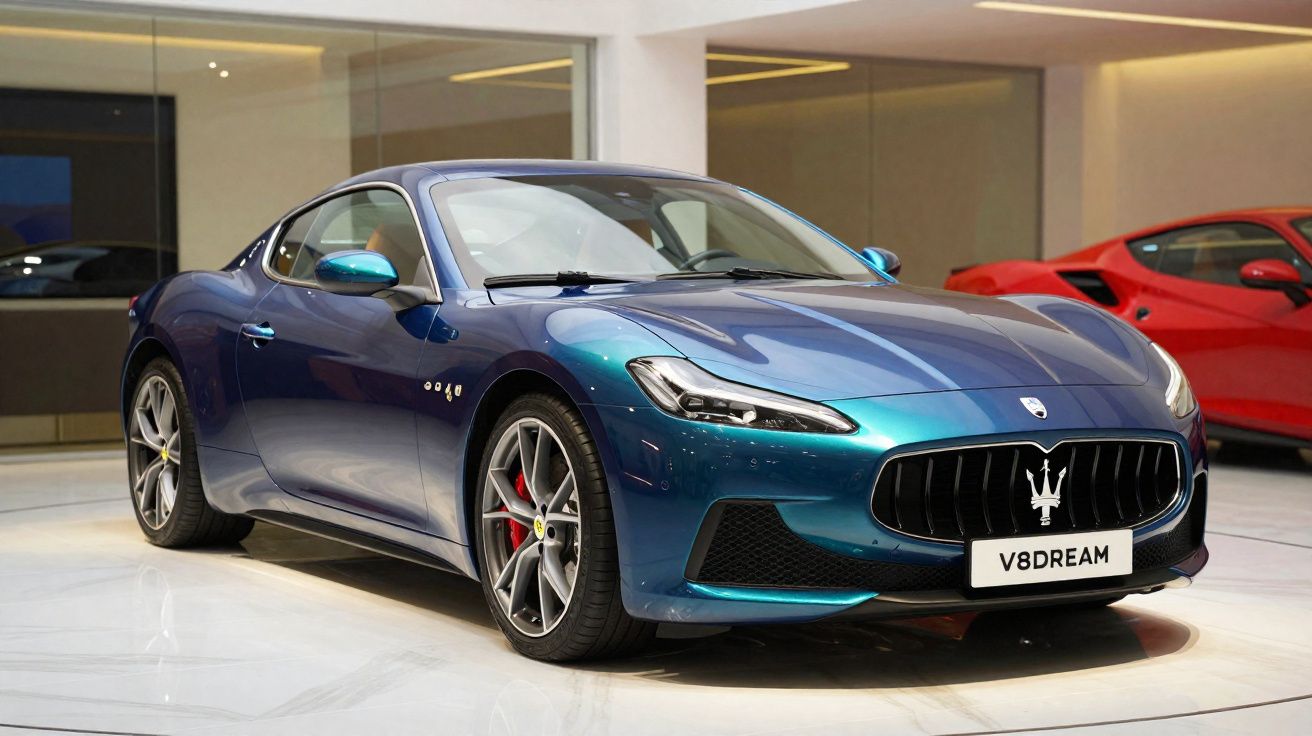 Voiture de sport bleu métallisé Maserati exposée en intérieur avec une plaque d'immatriculation "V8DREAM".