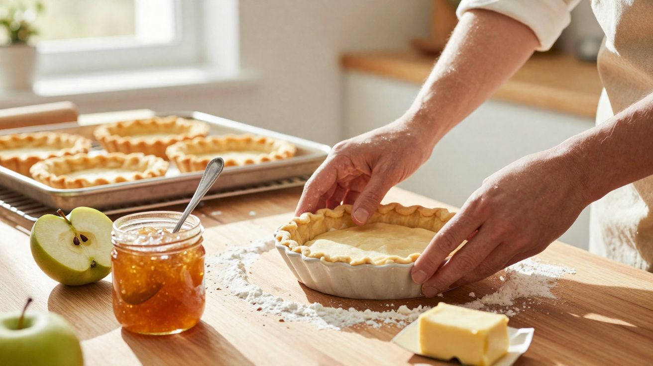 Mains façonnant une tarte, table avec pommes, confiture, beurre et moules à tartes en arrière-plan.