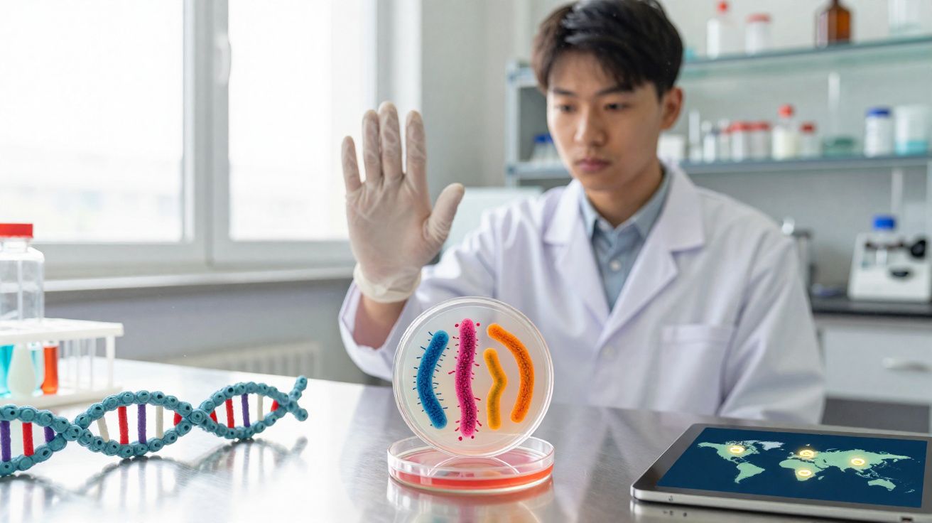 Jeune scientifique observant une boîte de Petri avec des bactéries colorées en laboratoire moderne.