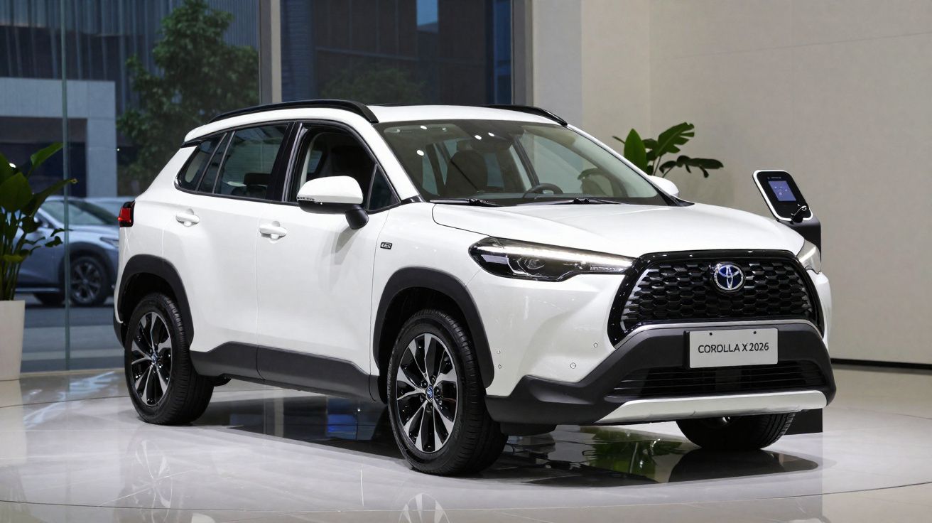 Vue de trois quarts avant d'un SUV Toyota Corolla Cross blanc exposé en intérieur.
