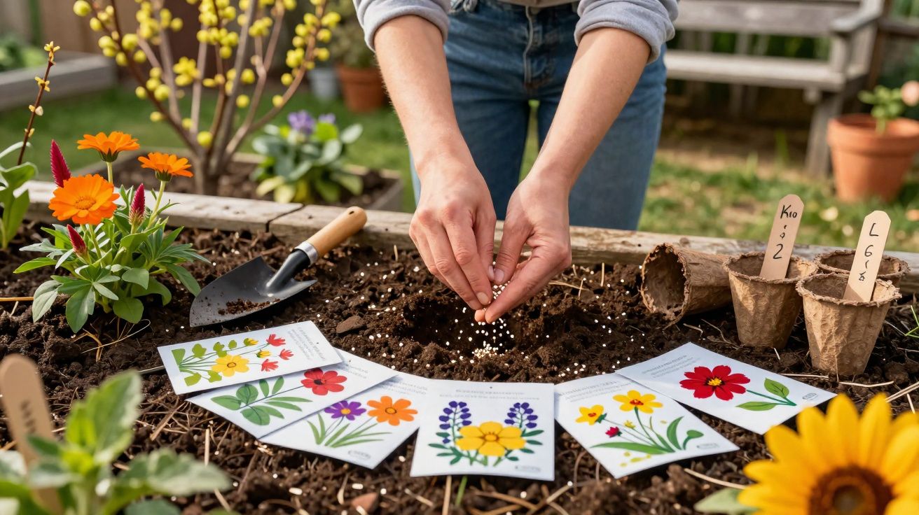 Personne semant des graines dans un jardin avec des cartes de fleurs colorées posées sur la terre.