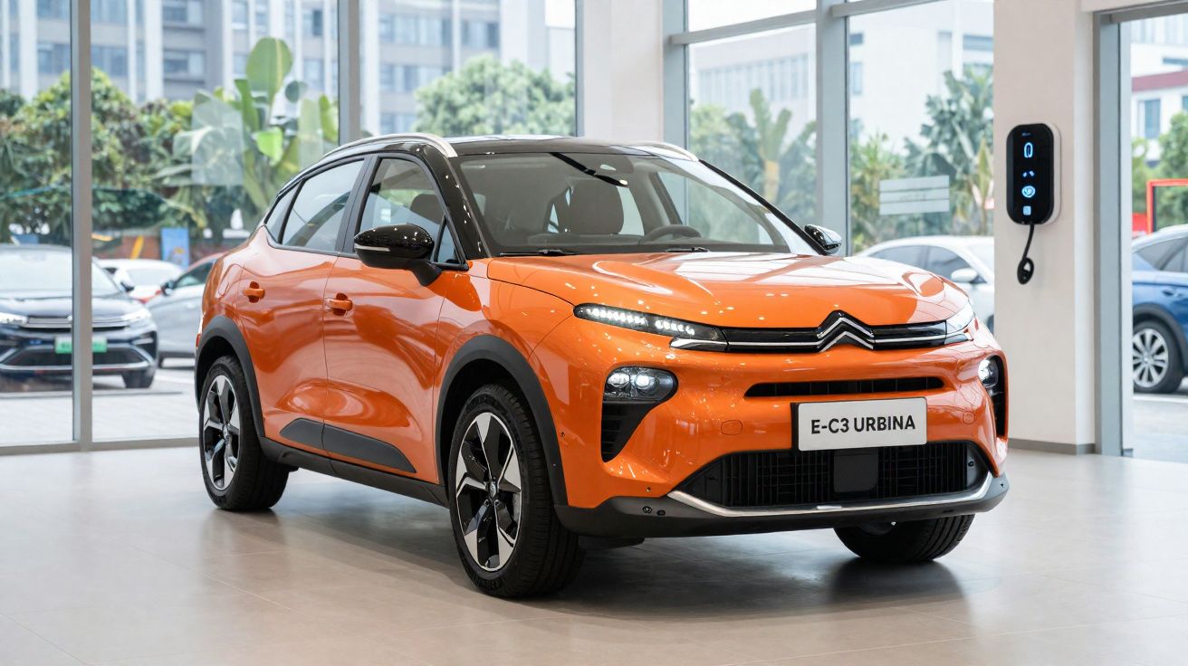 Citroën E-C3 Urbina orange électrique exposée en showroom avec borne de recharge murale visible.