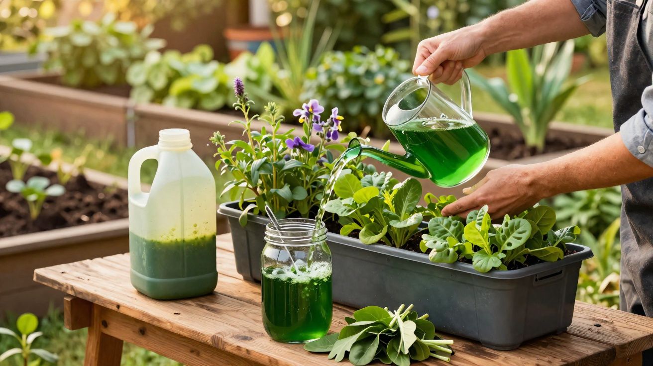 Arrosage de jeunes plants avec un arrosoir contenant un liquide vert dans un jardin ensoleillé.