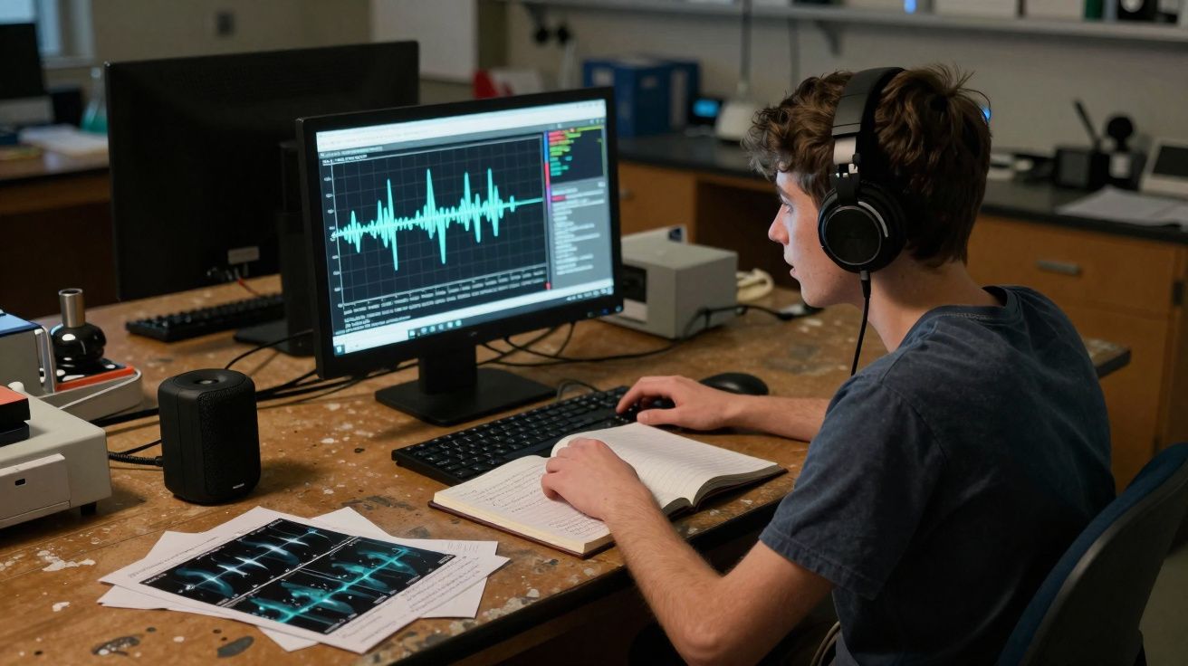 Jeune homme avec casque analysant des ondes sonores sur un ordinateur dans un laboratoire.