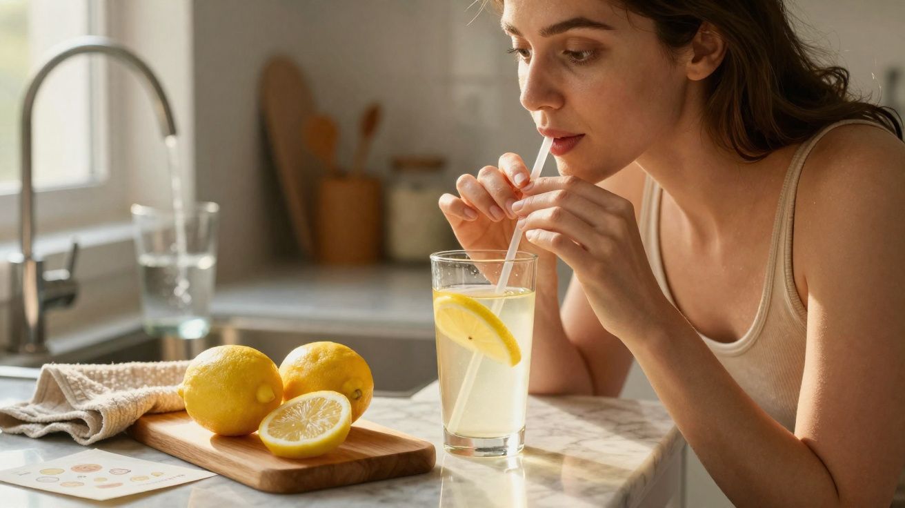 Jeune femme buvant une eau citronnée avec paille, citrons sur planche en bois dans cuisine lumineuse.