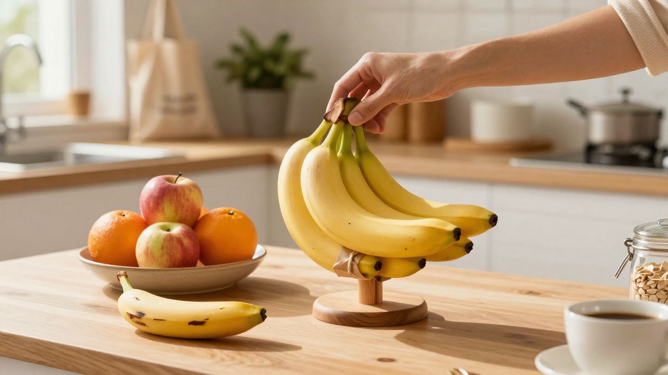 Une main saisit un régime de bananes suspendu sur un support en bois sur une table de cuisine.
