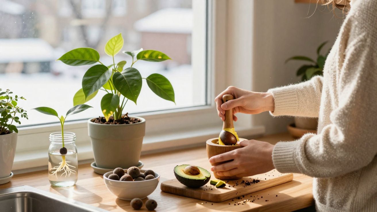 Personne préparant de l'avocat dans un mortier sur un plan de travail près d'une fenêtre avec des plantes.