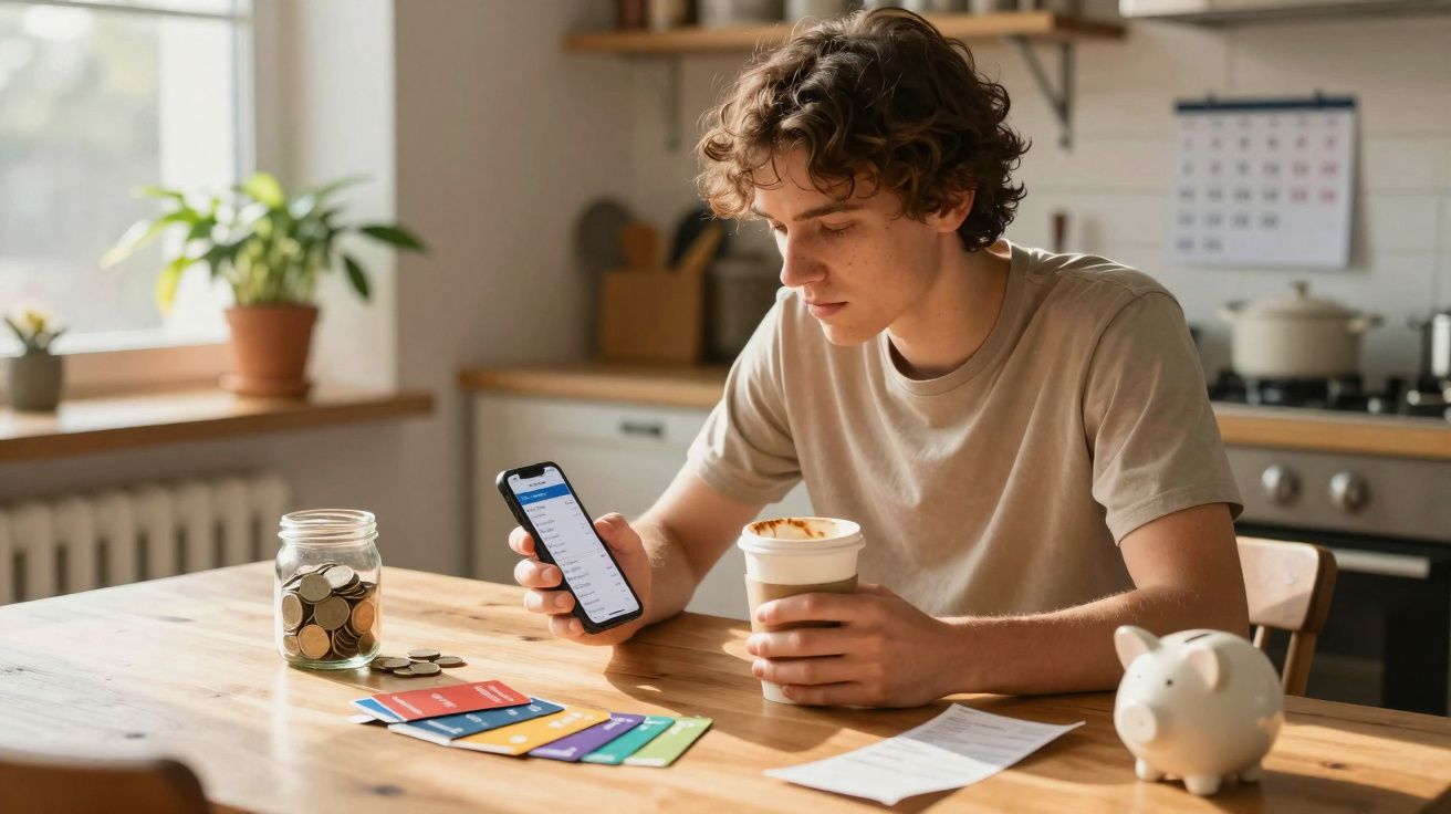 Jeune homme assis à une table, tenant un téléphone et une tasse, avec tirelire, pièces et cartes colorées.