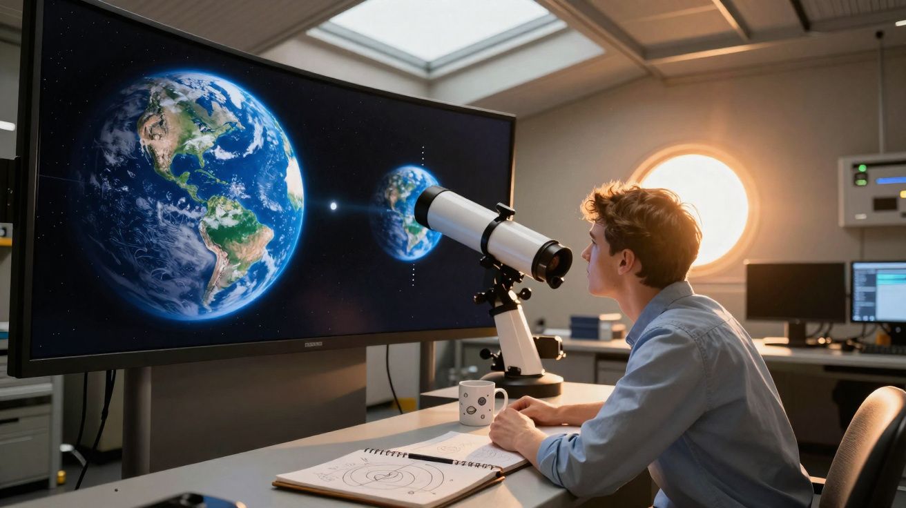 Jeune homme étudiant l'astronomie devant un télescope et un écran montrant la Terre dans un laboratoire.