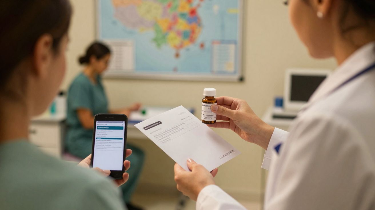 Deux professionnelles de santé examinent une ordonnance et un flacon de médicament dans un cabinet médical.