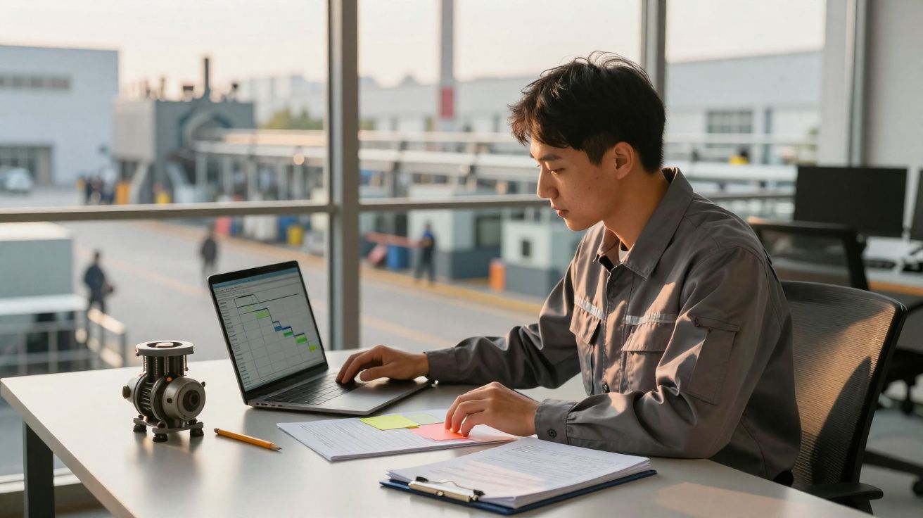 Jeune homme en tenue industrielle travaillant sur un ordinateur portable au bureau avec documents et moteur sur la table.