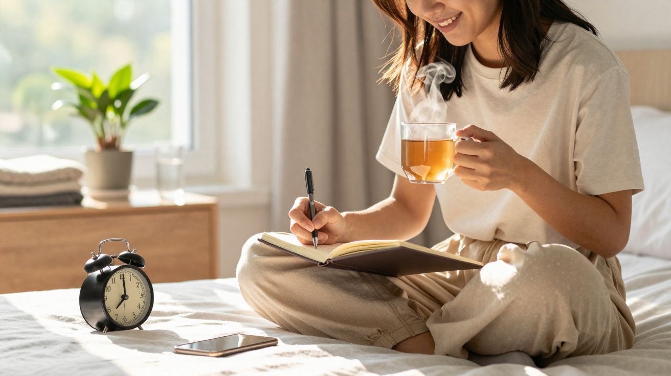 Femme assise sur un lit écrivant dans un carnet tout en tenant une tasse de thé fumant.