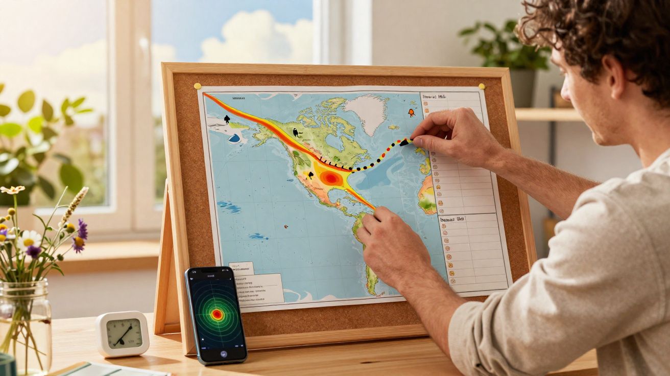 Homme traçant un trajet solaire sur une carte du continent américain avec un téléphone affichant une simulation solaire.