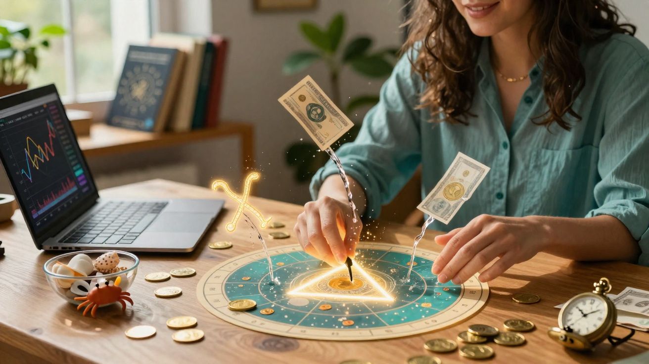 Femme utilisant un plateau zodiacal lumineux avec billets et pièces, ordinateur et montre sur une table en bois.