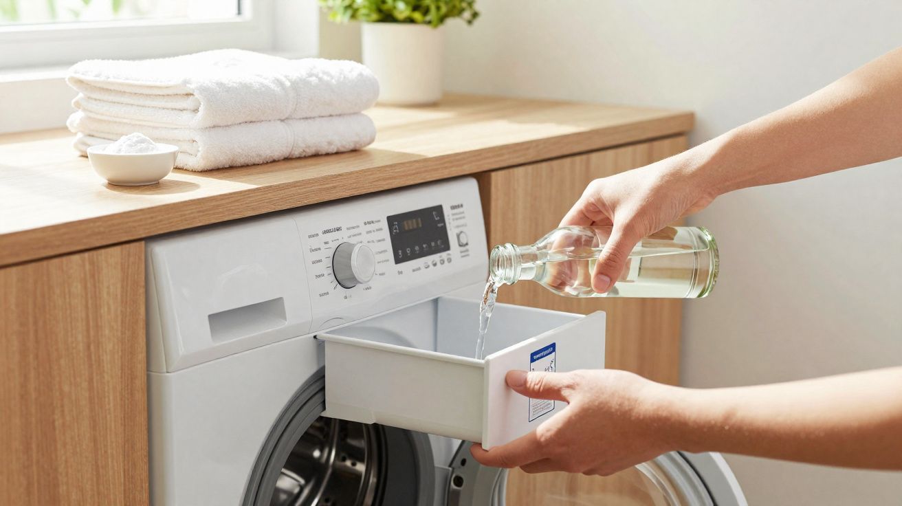 Personne versant un liquide clair dans le bac à détergent d'une machine à laver frontale blanche.