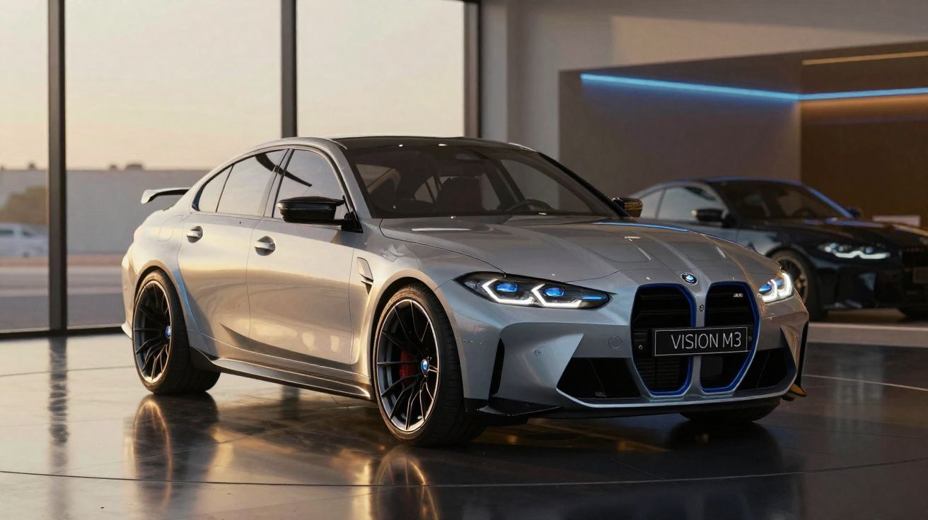 BMW Vision M3 grise stationnée dans un showroom moderne avec éclairage tamisé et autre voiture en arrière-plan.