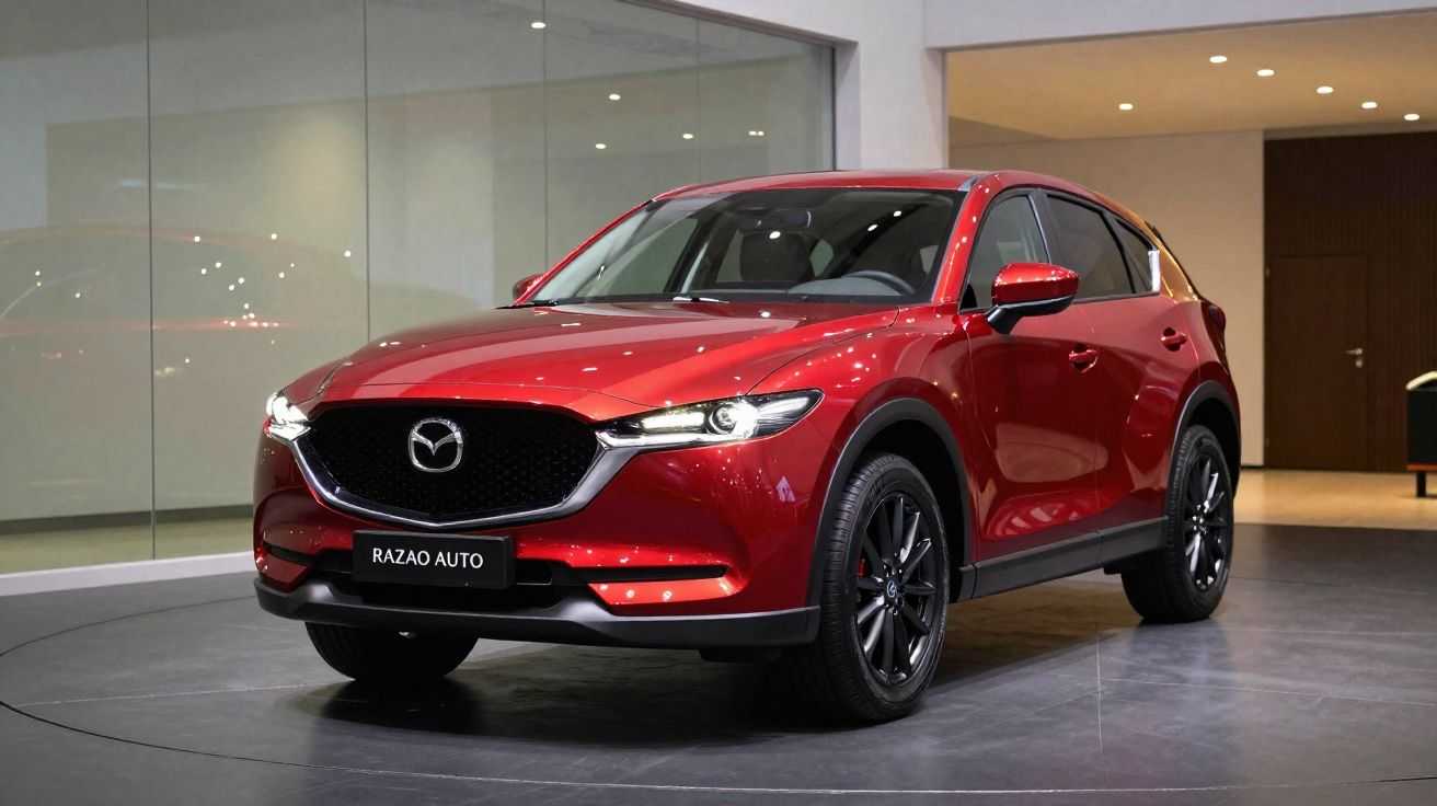 Véhicule Mazda CX-5 rouge exposé dans un showroom au sol gris et murs clairs.