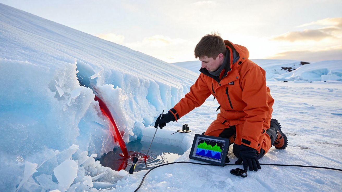 Un scientifique en combinaison orange prélève un échantillon d’eau rouge sous la glace en Arctique.