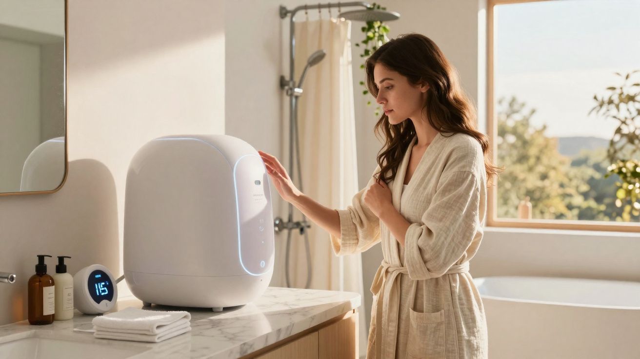 Femme en peignoir utilisant un appareil blanc moderne sur un meuble de salle de bain lumineux.
