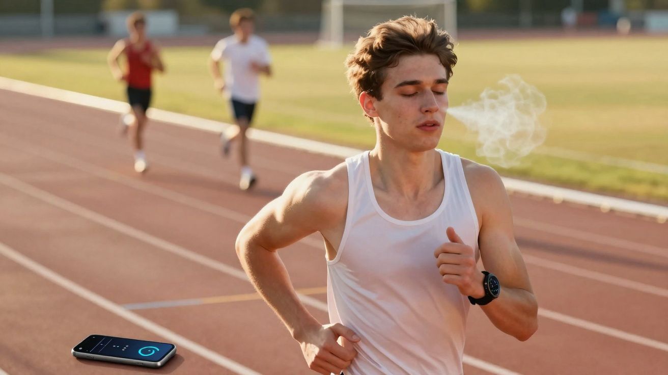 Jeune homme en débardeur blanc courant sur piste d'athlétisme, souffle visible, téléphone posé au sol à côté.