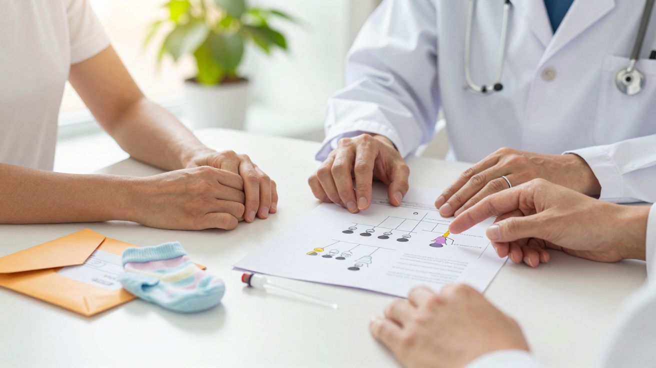Trois personnes examinant un arbre généalogique sur une table, présence de chaussettes de bébé et d'une enveloppe orange.