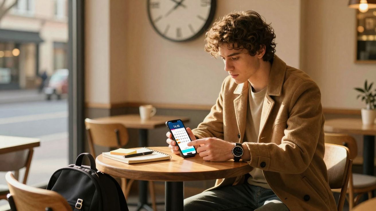 Jeune homme assis dans un café, utilisant son smartphone avec un agenda numérique sur l'écran.